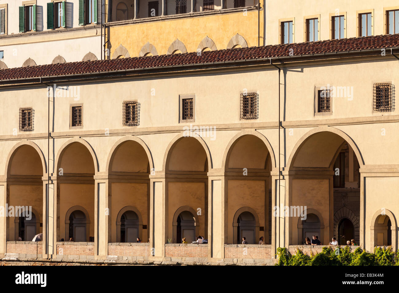 The Vasari corridor in Florence. It  is an elevated enclosed passageway in which connects the Palazzo Vecchio with Palazzo Pitti Stock Photo