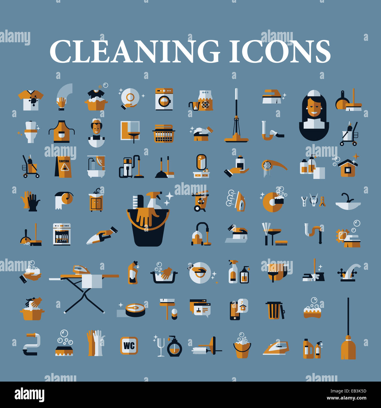 Cleaning Tools icons. collection of colored icons and symbols on a blue