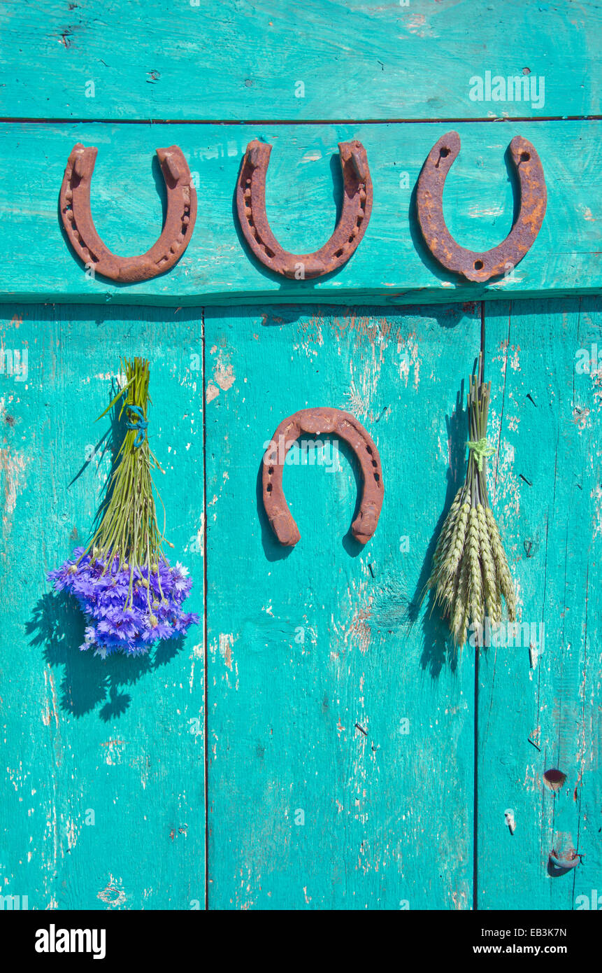 rusty horseshoe , wheat bunch and cornflower on old wooden farm door Stock Photo