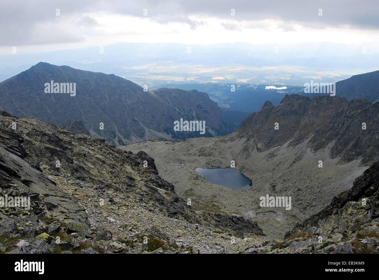 Zabie pleso lake with summits arounf in Vysoke Tatry mountains during descend from Vysoka summit from locallity near sedlo Vaha Stock Photo