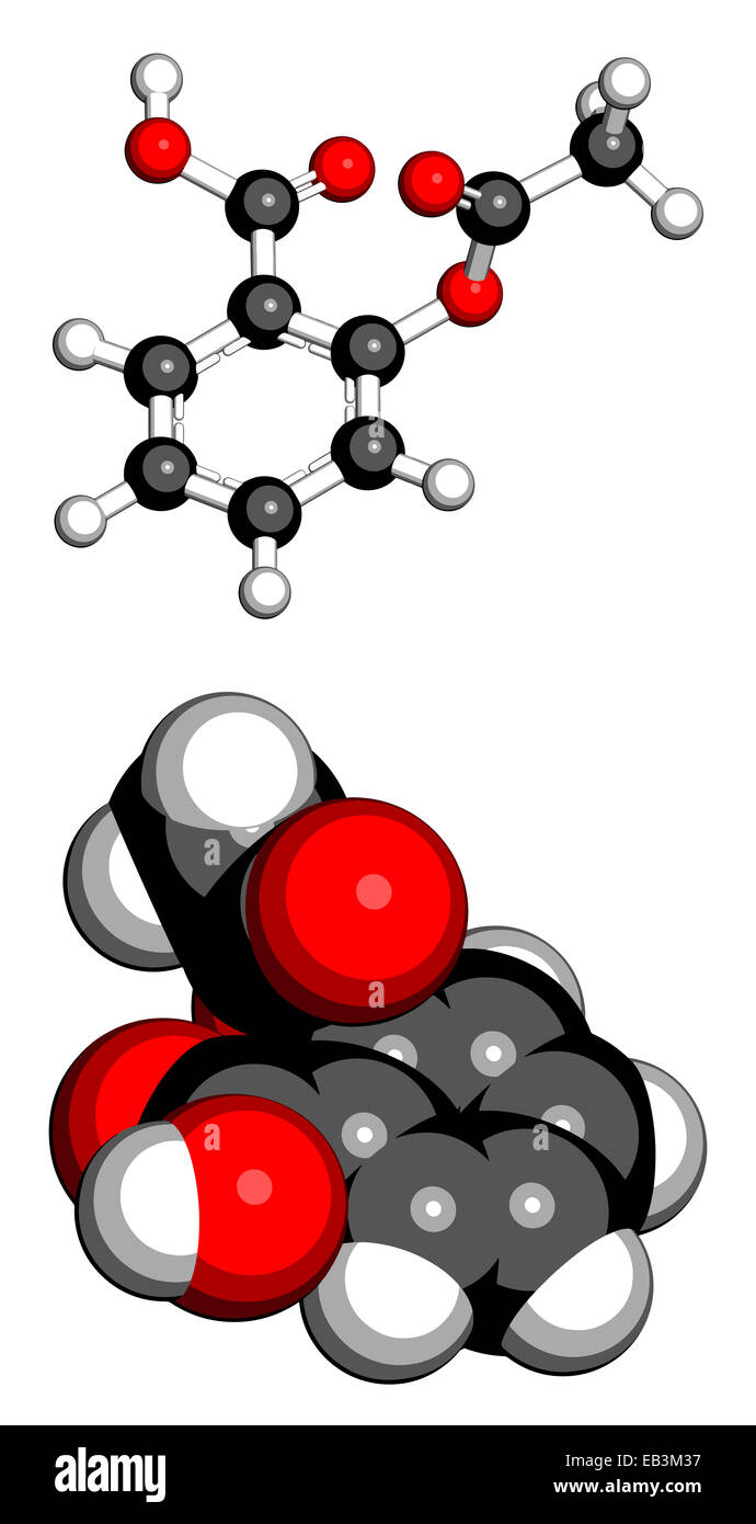 Acetylsalicylic acid (aspirin) pain relief drug molecule. Two representations: 3D ball-and-stick model, 3D space-filling model Stock Photo