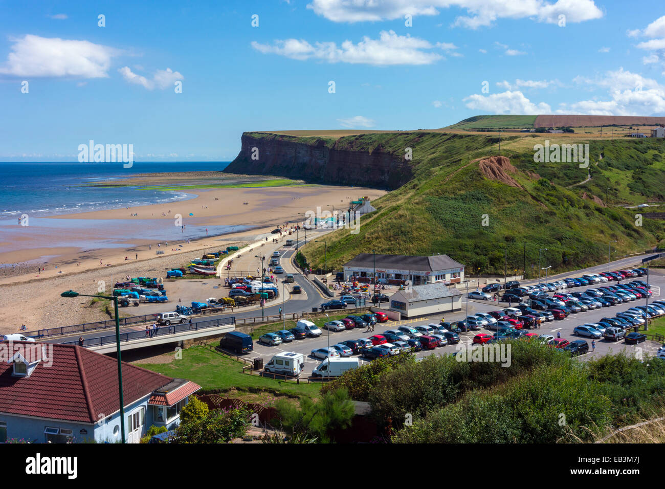 Beach scene with busy car park Saltburn by the Sea, holiday resort