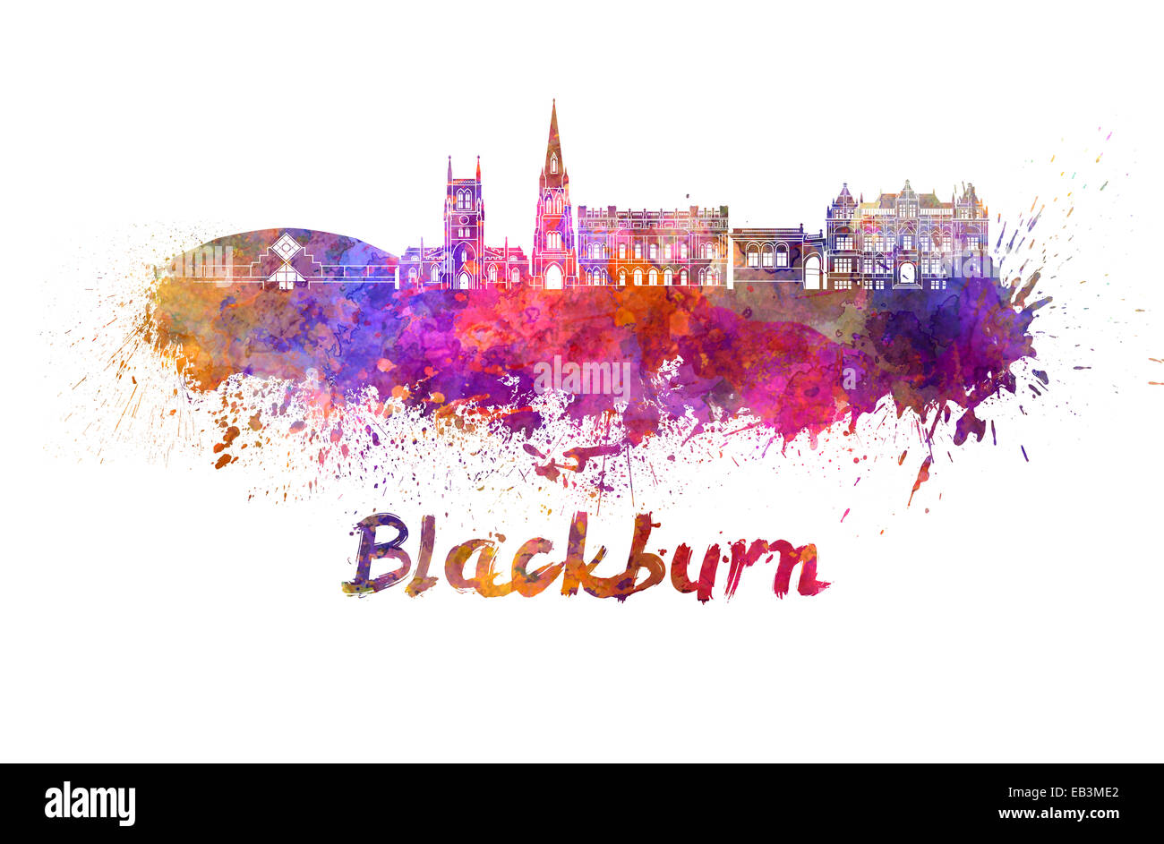 Blackburn skyline in watercolor splatters Stock Photo