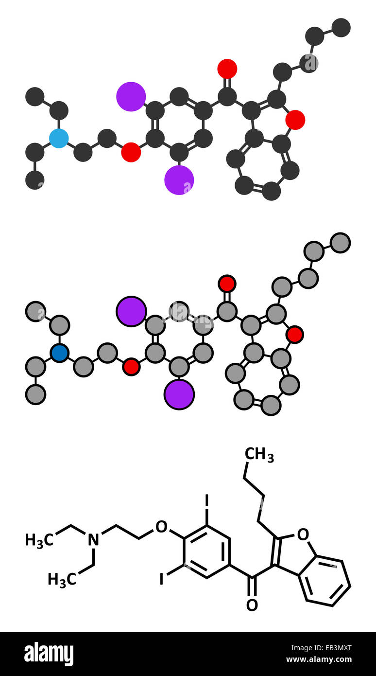 Amiodarone antiarrhythmic drug molecule. Conventional skeletal formula and stylized representations. Stock Photo