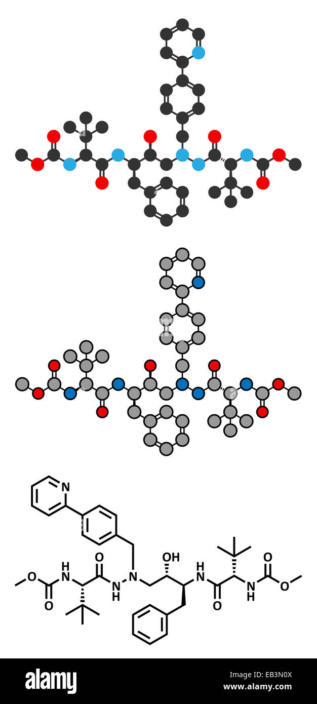 Atazanavir HIV drug (protease inhibitor class) molecule. Conventional skeletal formula and stylized representations. Stock Photo