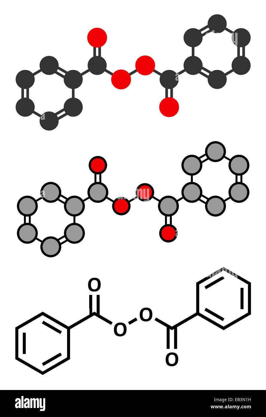 Benzoyl peroxide acne treatment drug molecule. Also used to dye hair and whiten teeth (bleaching). Conventional skeletal formula Stock Photo