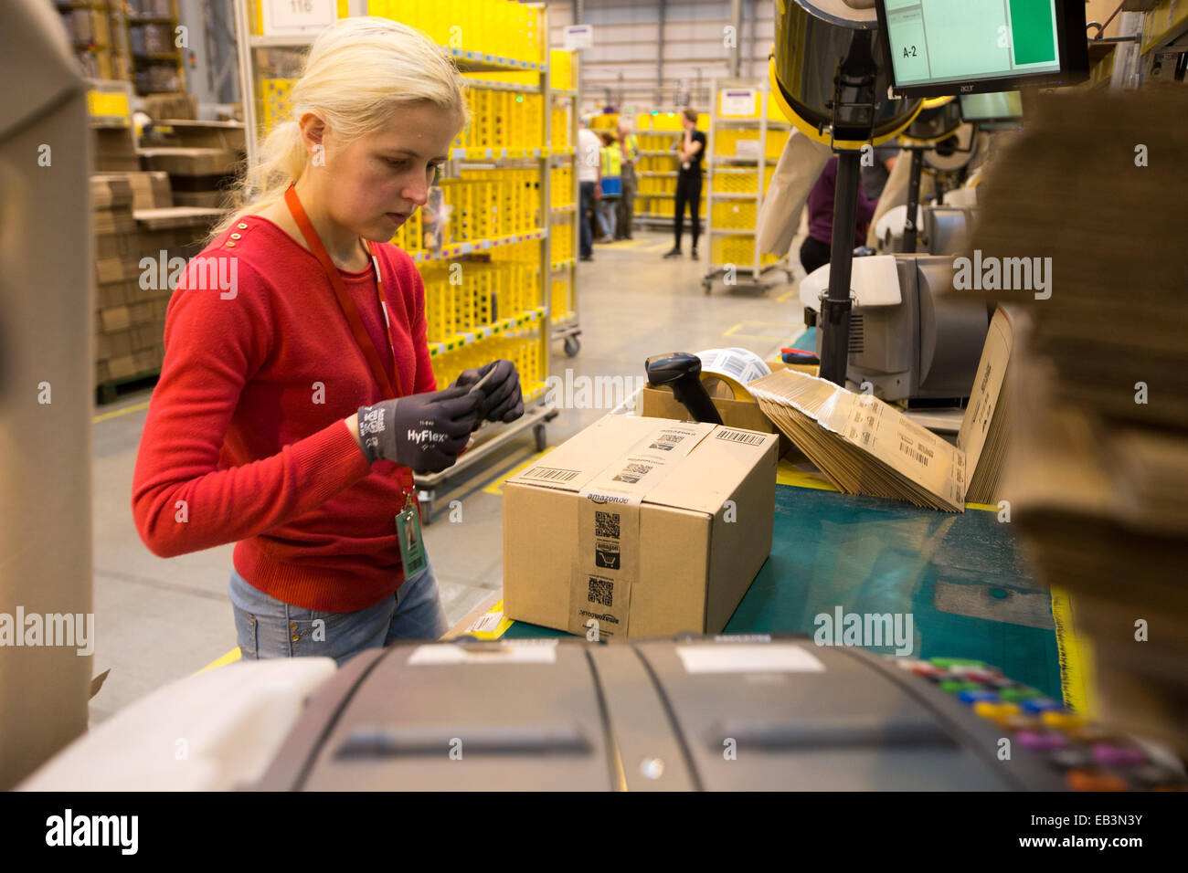 Staff at the Amazon fulfilment centre in Peterborough,Cambs,on Tuesday