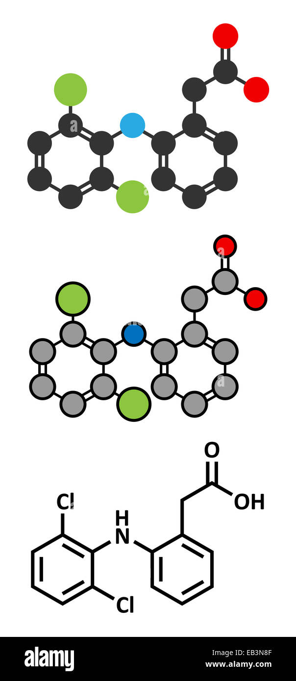 Diclofenac pain and inflammation drug (NSAID) molecule. Conventional skeletal formula and stylized representations. Stock Photo