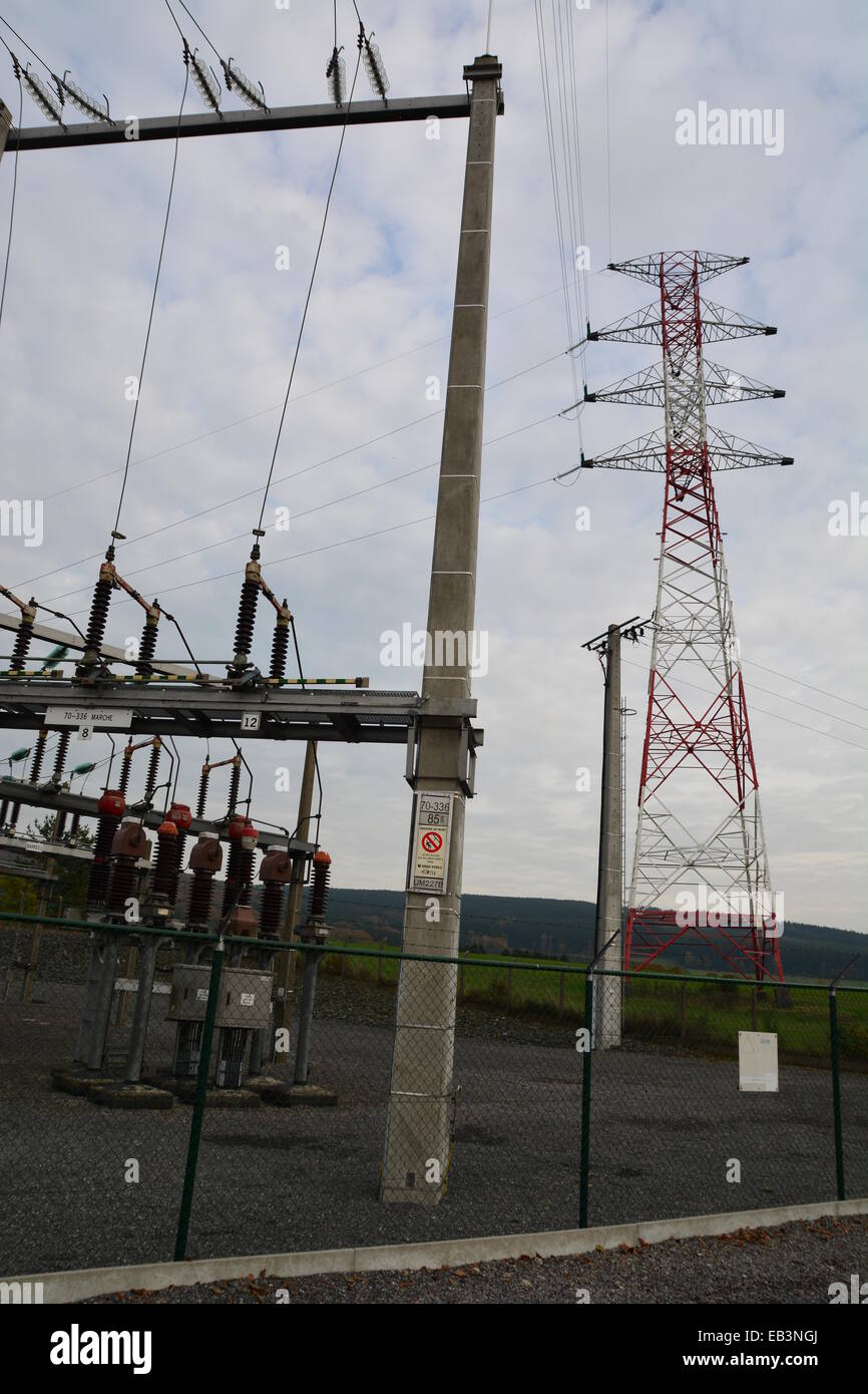 Electricity blackout junction and pylon in the dark Stock Photo Alamy