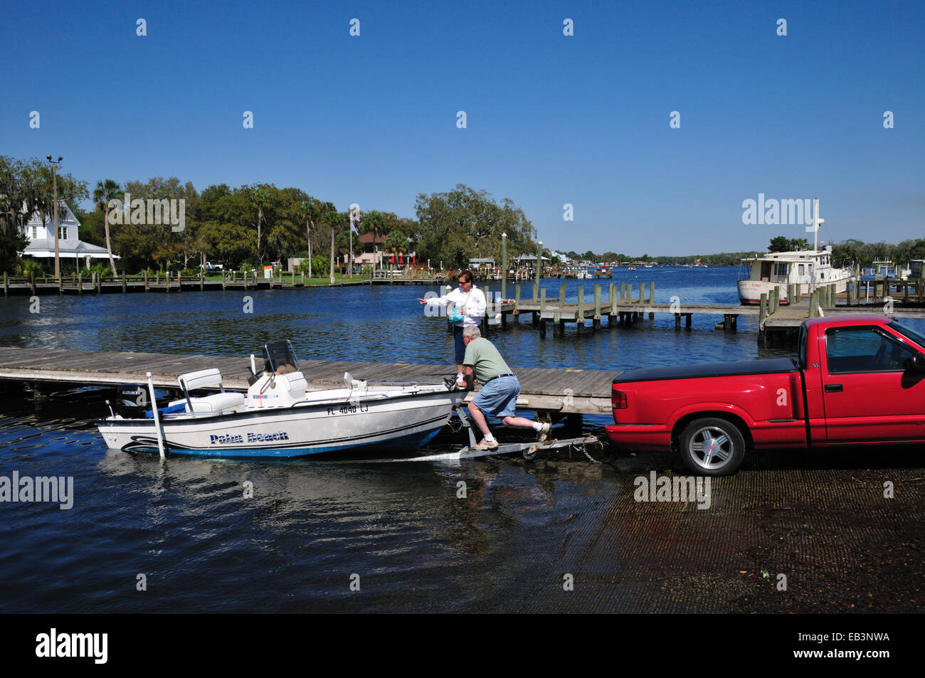 Couple launching a motorboat from a boat trailer in the Homosassa River