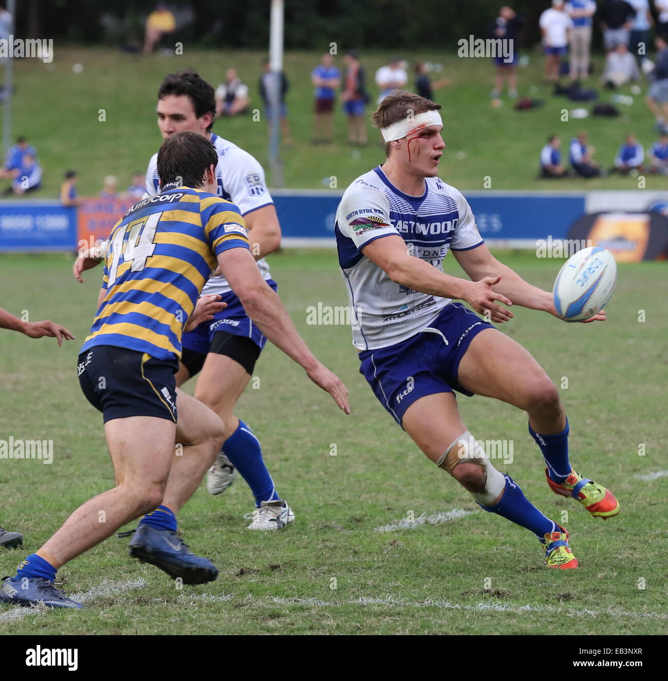 A bloody Tom Hill of Eastwood attacks the Sydney University Defence. Shute Shield 2014. Stock Photo