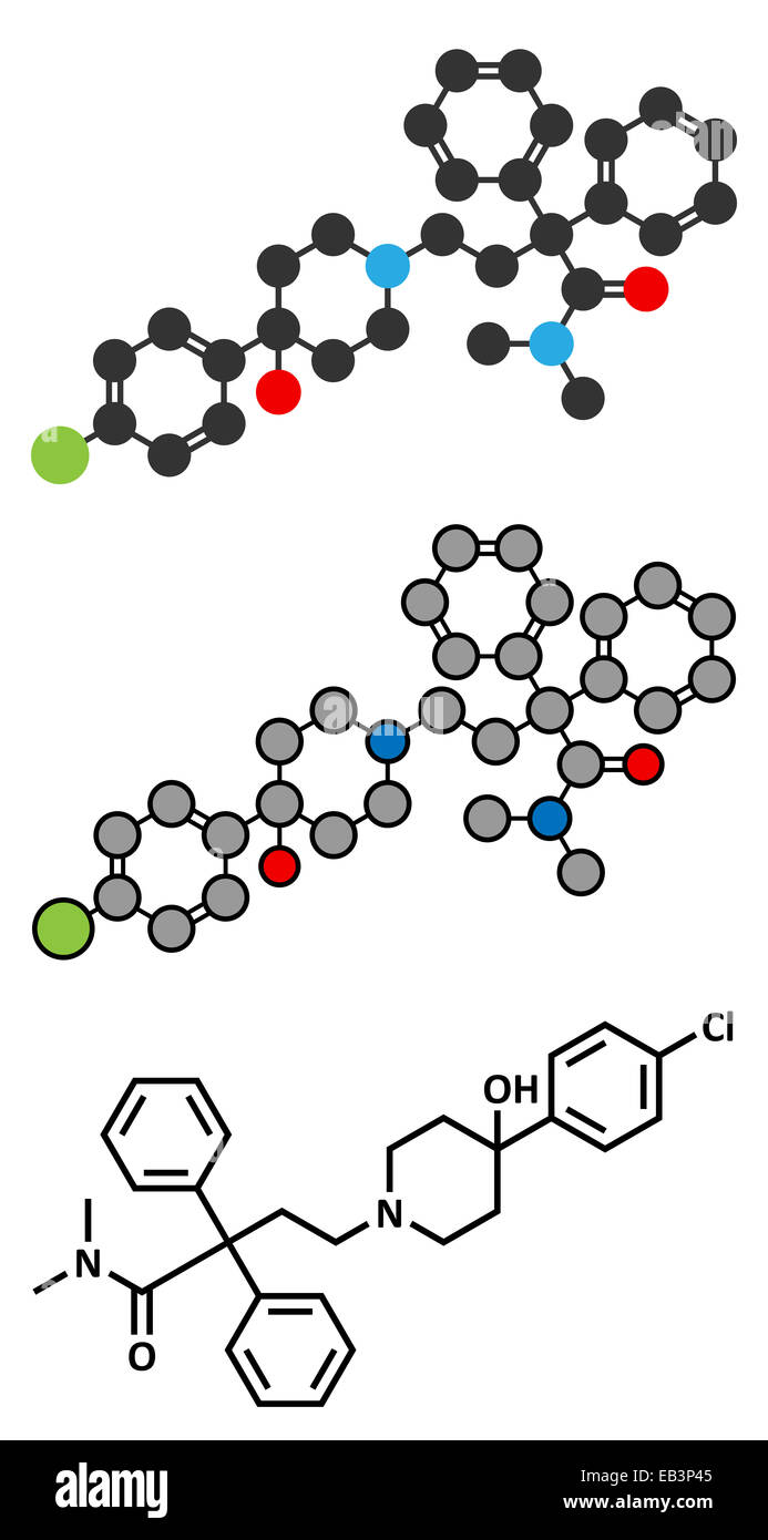 Loperamide diarrhea drug molecule. Conventional skeletal formula and stylized representations. Stock Photo