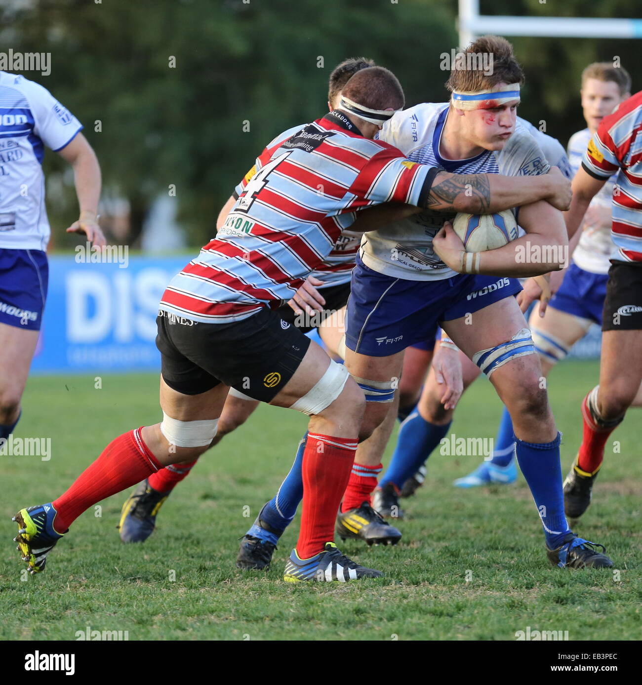 Eastwood player Michael Kovavic tries to break the Southern Districts defence. 2014 Shute Shield, Sydney, NSW, Australia. Stock Photo