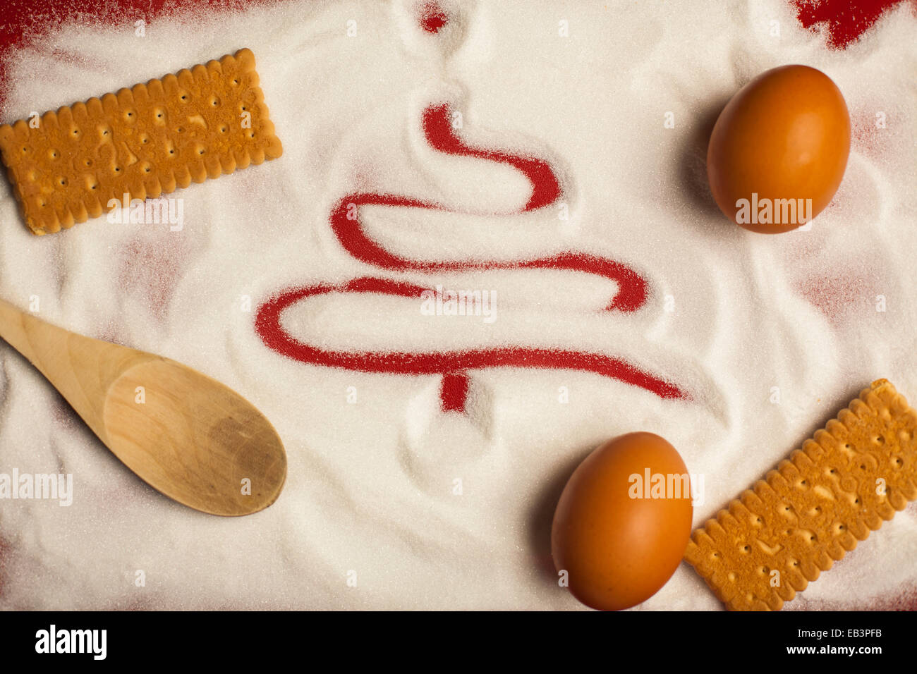 Red Christmas sign of a Xmas tree 2015 draw in the sugar with food, eggs, cookies, biscuits, culinary, art, photo in landscape Stock Photo