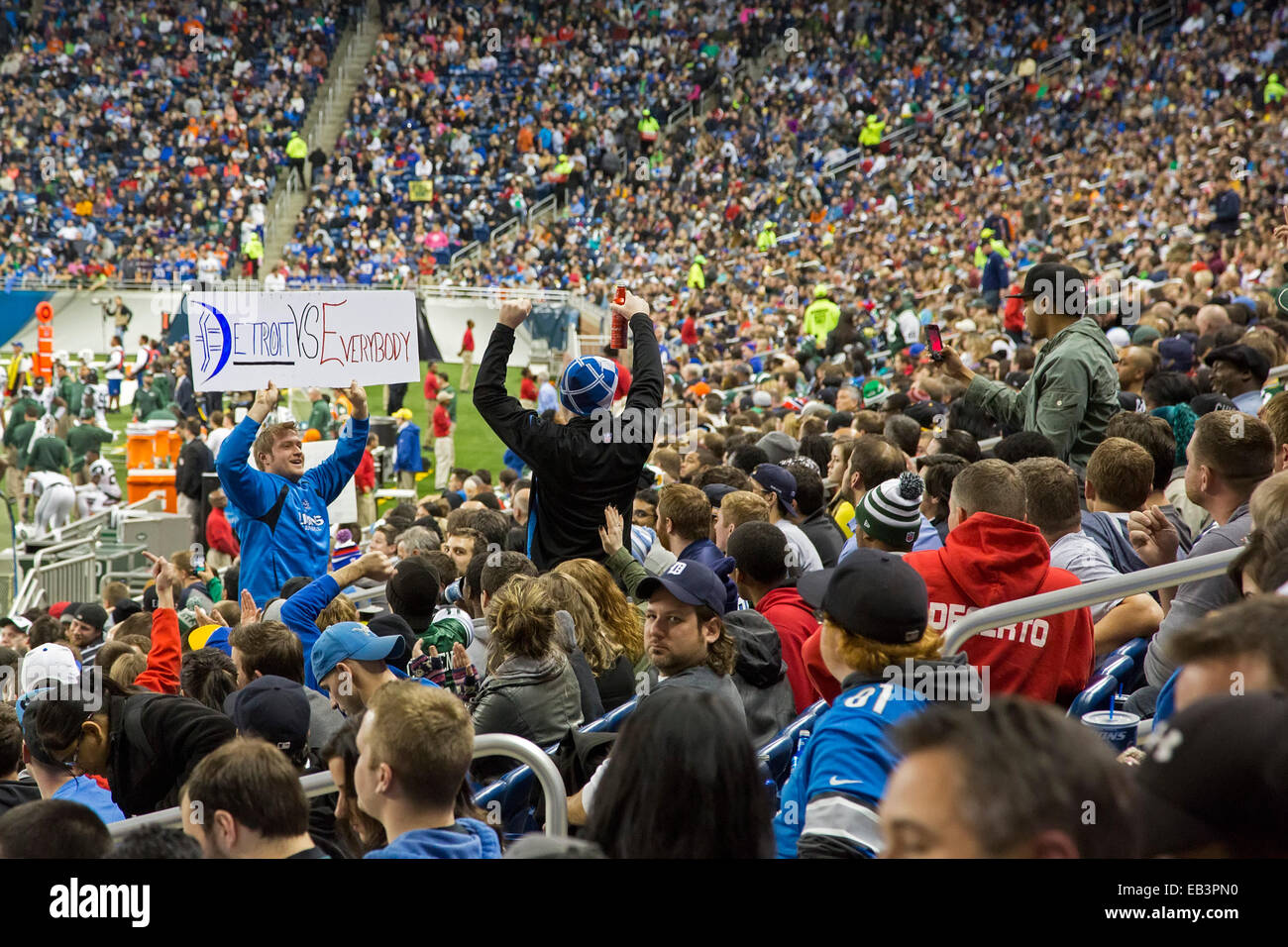 Detroit, Michigan - A man holds a sign reading 'Detroit vs. Everybody' during a National Football League game at Ford Field. Stock Photo