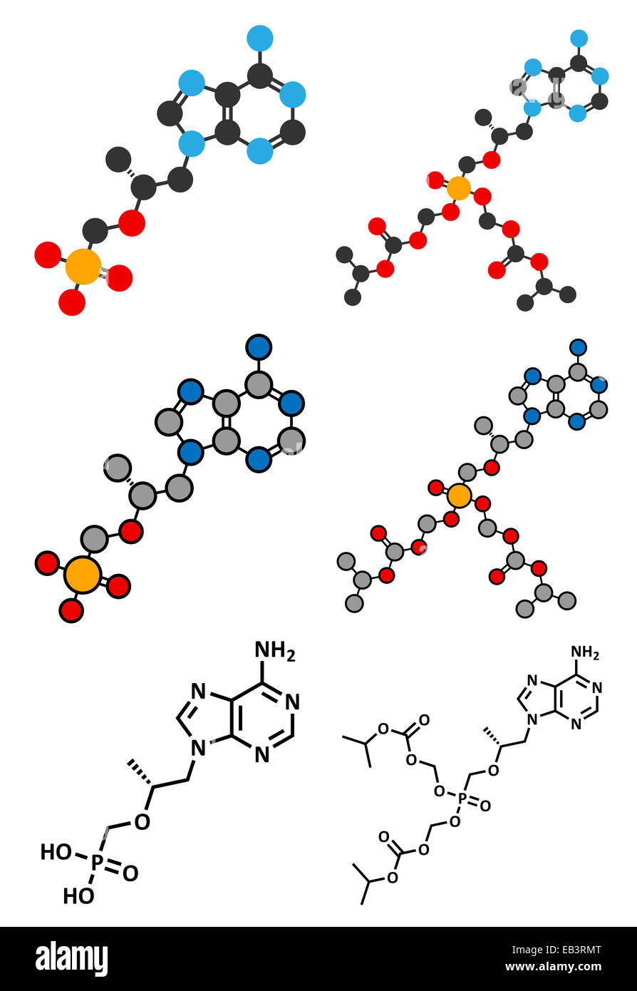 Tenofovir HIV drug molecule. Conventional skeletal formula and stylized representations. Stock Photo