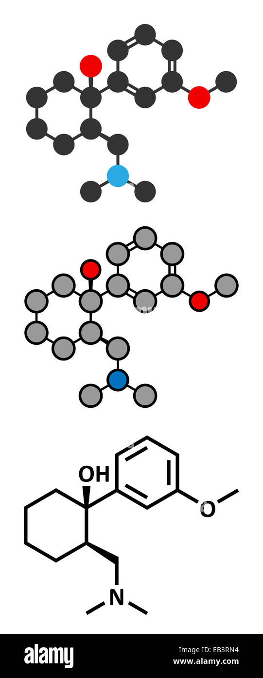 Tramadol opioid analgesic drug molecule. Conventional skeletal formula and stylized representations. Stock Photo