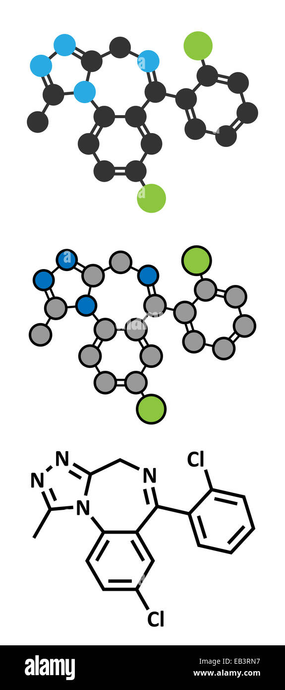 Triazolam insomnia drug (sleeping pill, benzodiazepine class) molecule. Stock Photo