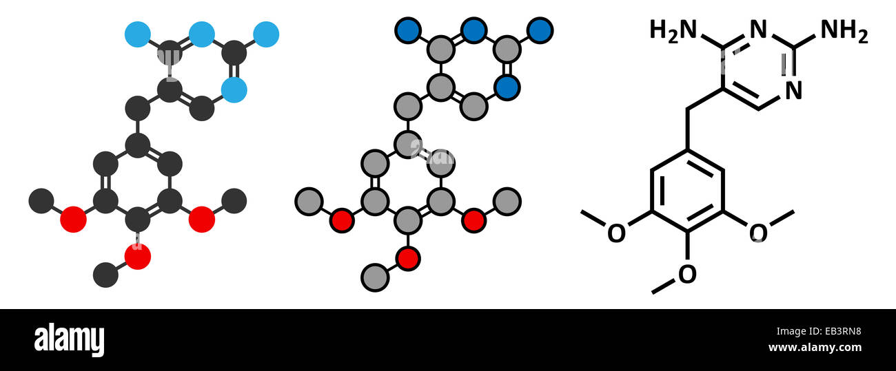 Trimethoprim antibiotic drug molecule. Conventional skeletal formula