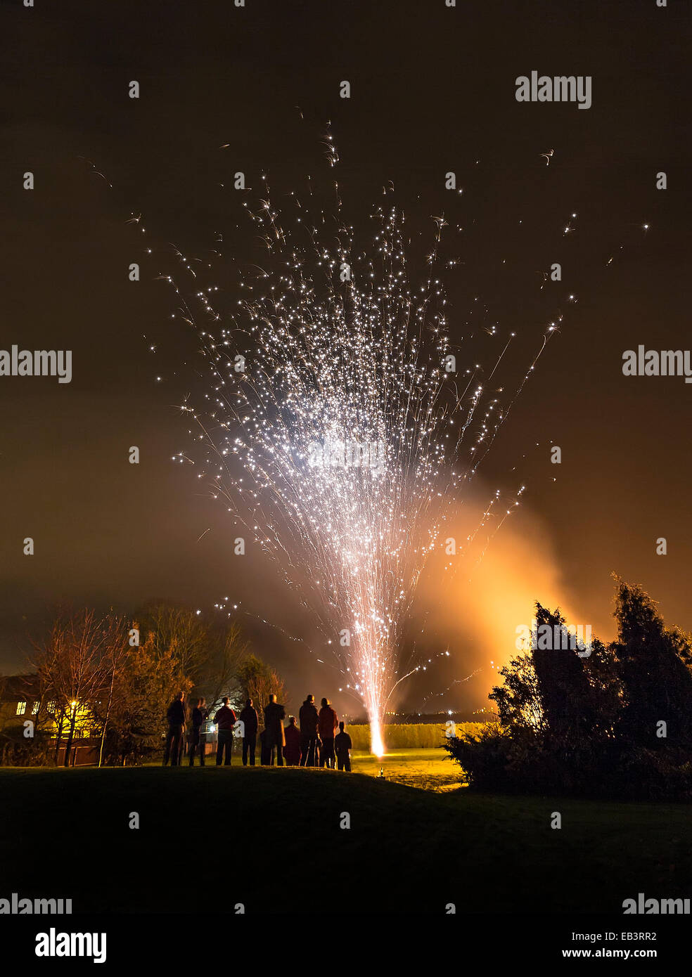 Firework party in garden, Mulu meeting at Andy Eavis house, Hessle, Humberside, UK Stock Photo
