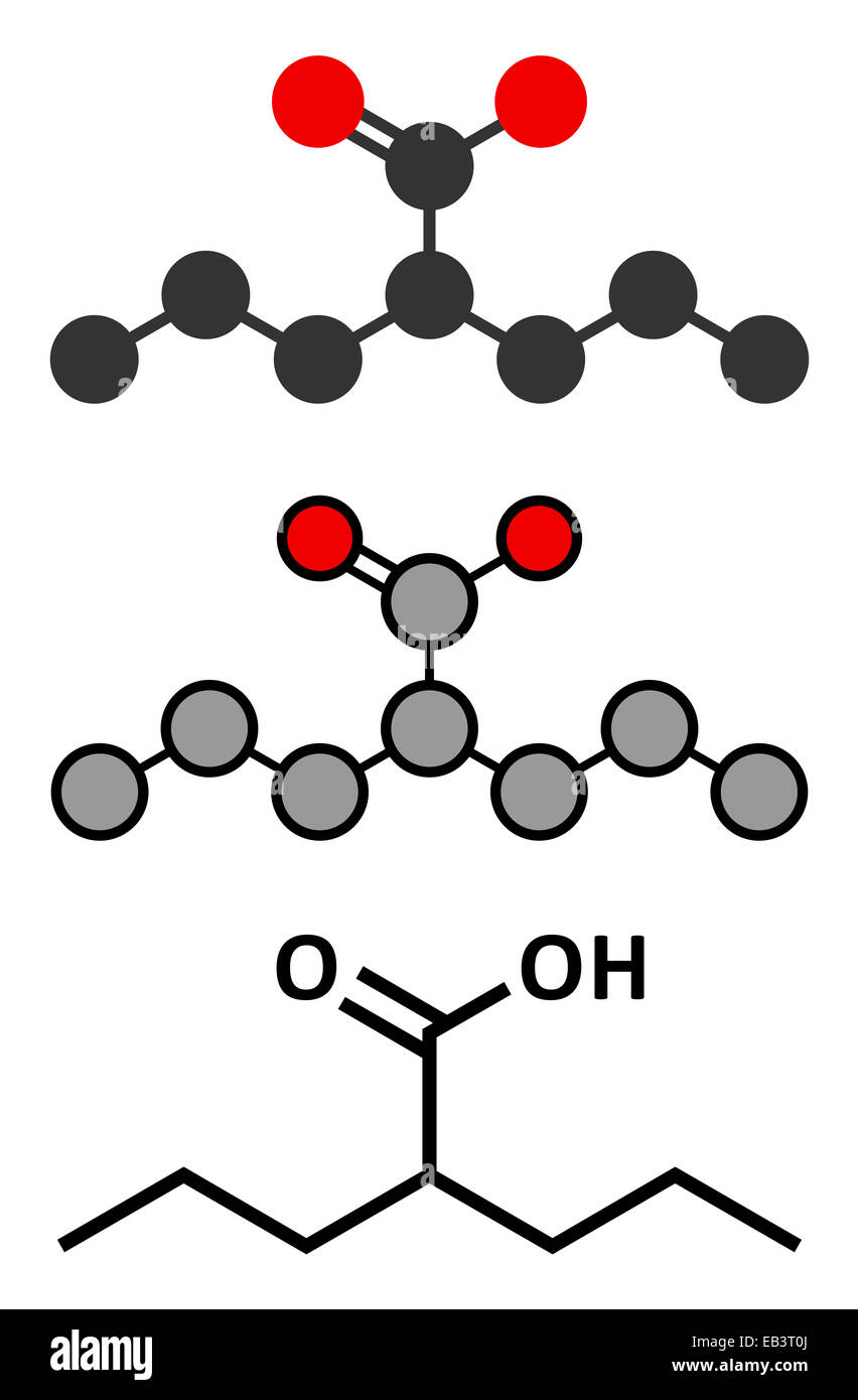Valproic acid or valproate epilepsy (seizures) drug molecule. Conventional skeletal formula and stylized representations. Stock Photo