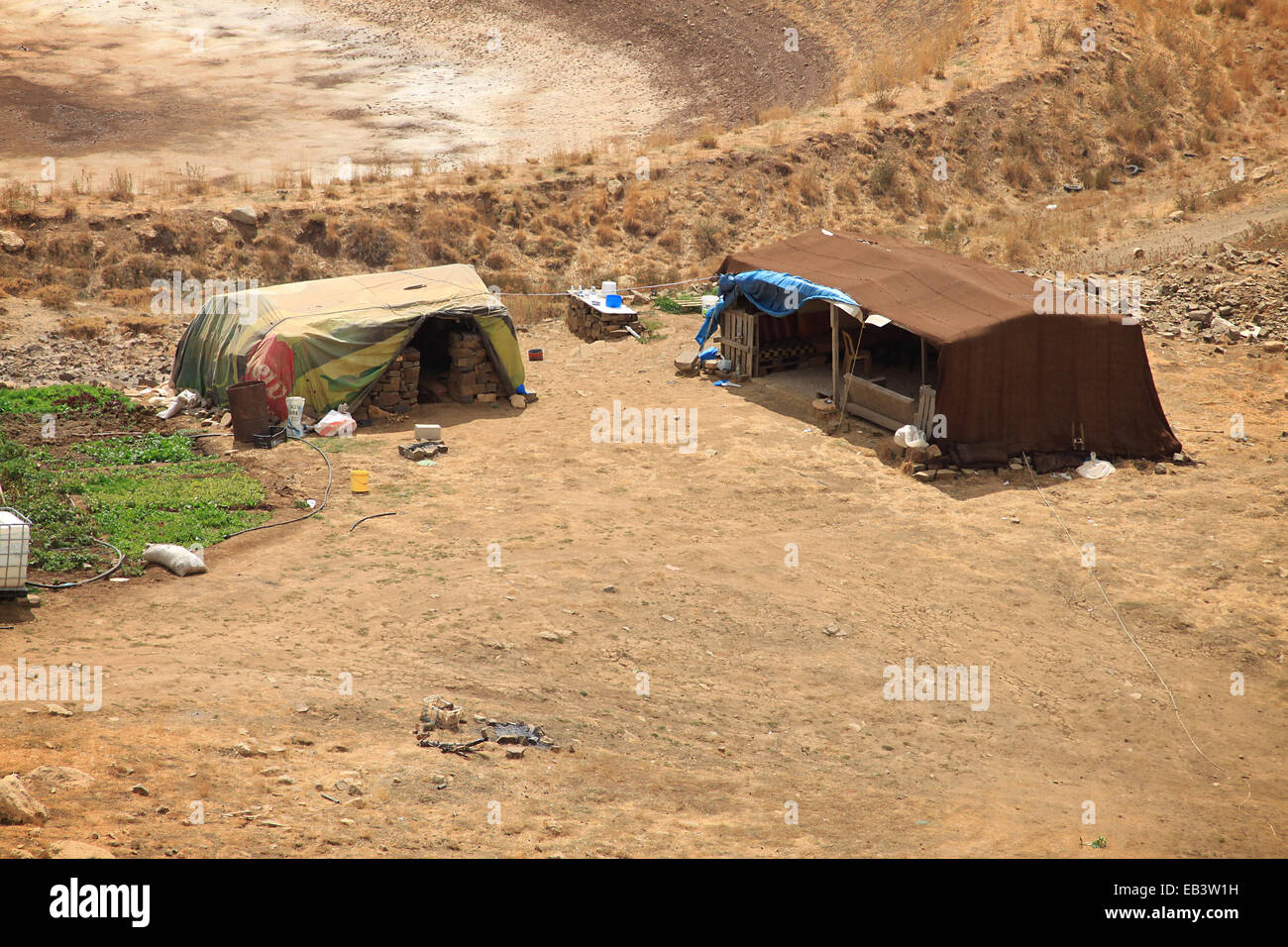 Tents in Lebanese mountains for the homeless refugees and Bedouins. Stock Photo