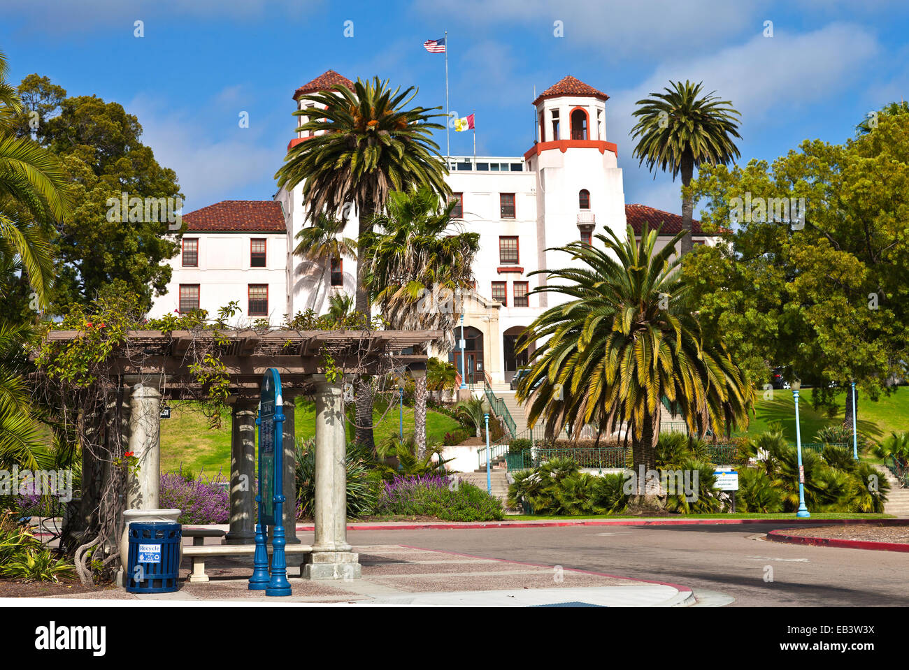 State building and surrounding gardens in Balboa park San Diego California. Stock Photo