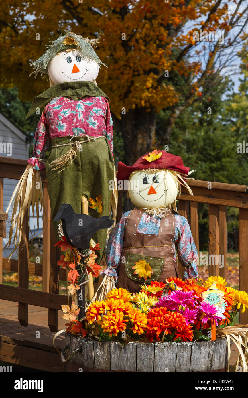 Fall decor of scarecrows at the Historical Museum in Sidnaw, Michigan, USA. Stock Photo