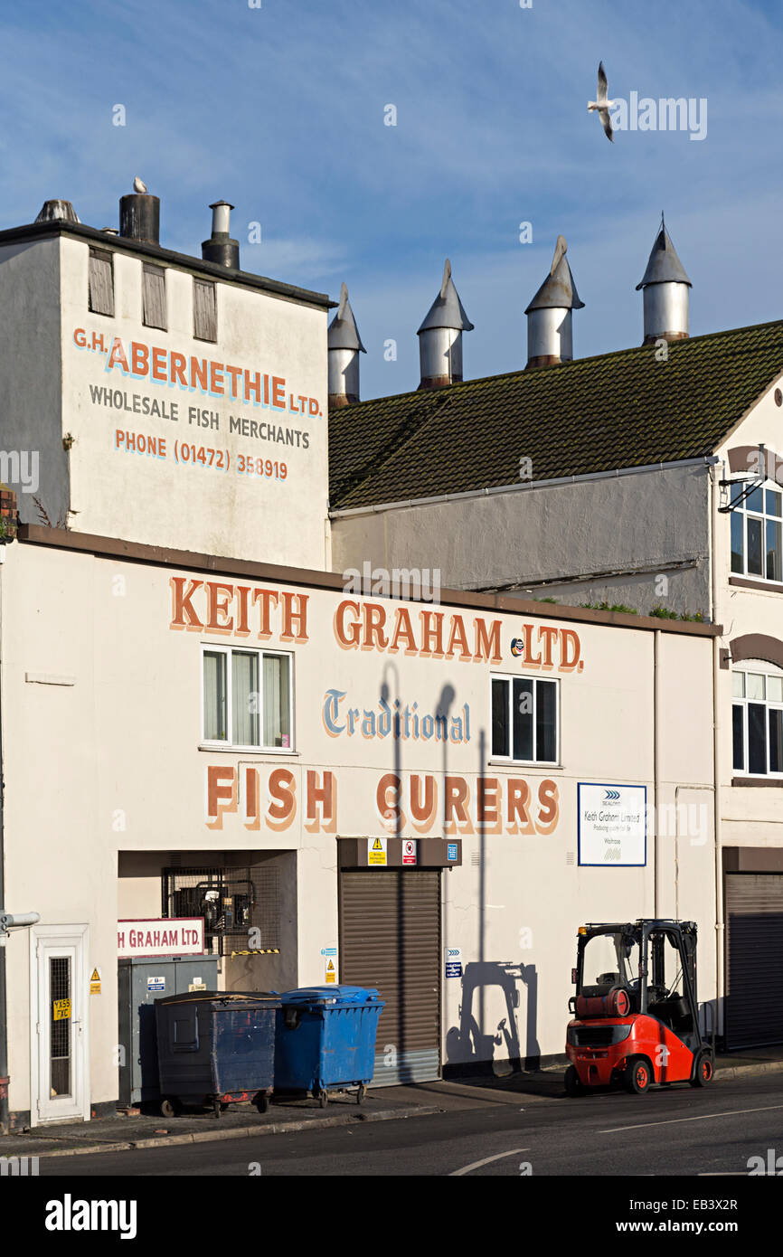 Fish curers business merchants with traditional chimneys, Grimsby, Lincolnshire, England, UK Stock Photo
