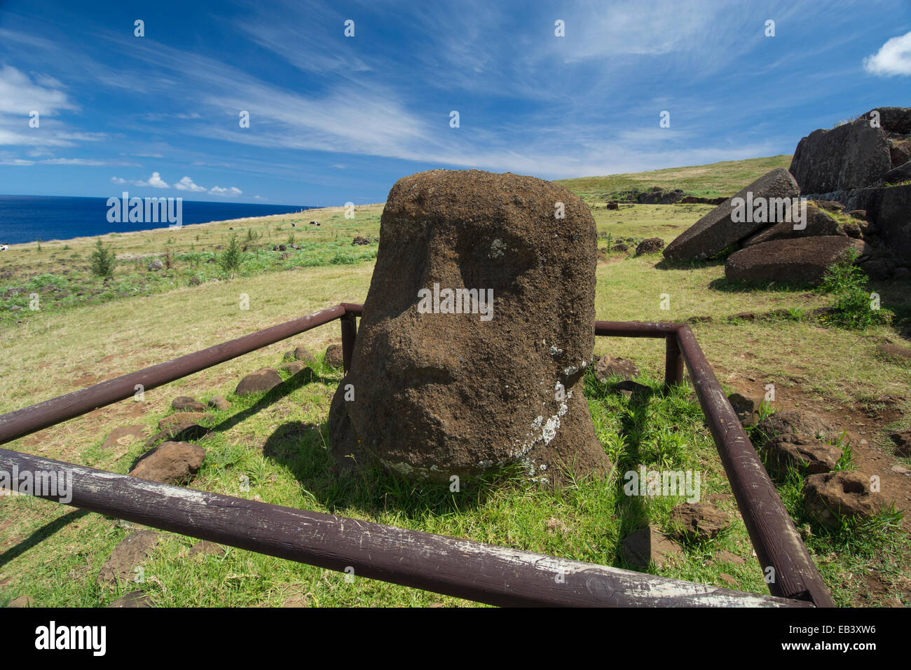 Chile, Easter Island aka Rapa Nui, Rapa Nui NP, Vinapu. Ahu Tahira important ceremonial platform, moi head. Stock Photo