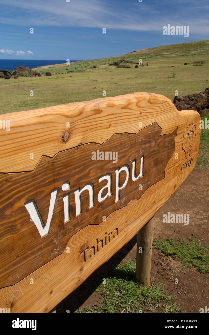 Chile, Easter Island aka Rapa Nui, Rapa Nui NP. Ahu Vinapu, important ceremonial center, park sign. Stock Photo
