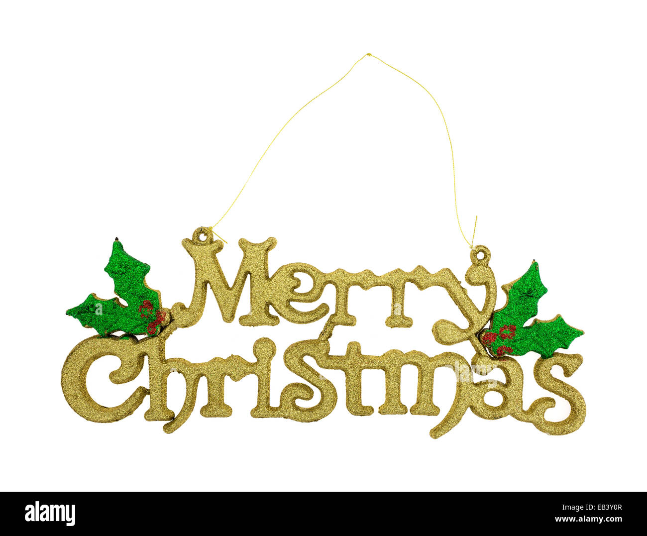 A Merry Christmas hanging decoration in gold glitter with string hanger on a white background. Stock Photo