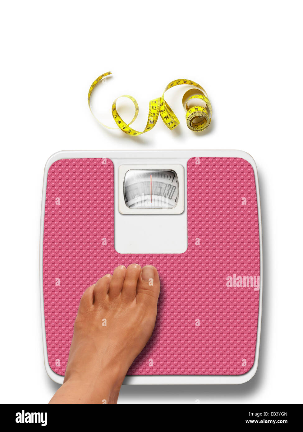 Woman feet and pink weight scale isolated on white background