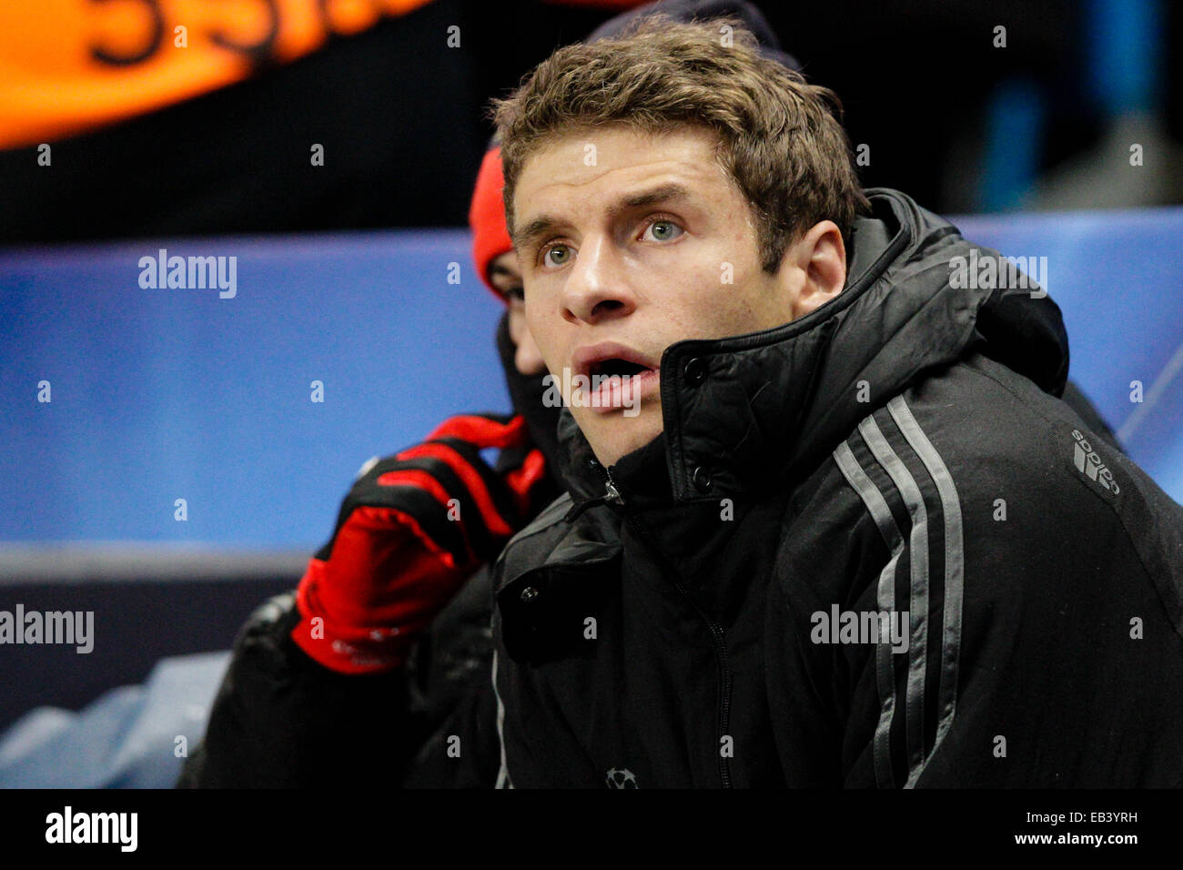 Manchester, UK. 25th Nov, 2014. Champions League Group Stage. Manchester City versus Bayern Munich. Bayern Munich's Thomas Muller sits on the bench Credit:  Action Plus Sports/Alamy Live News Stock Photo
