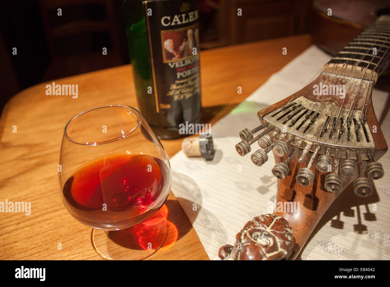 Portuguese guitar and Porto wine Stock Photo