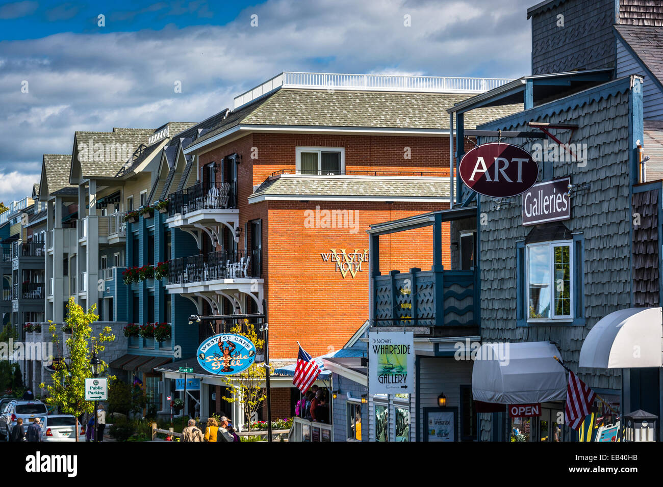 Businesses on West Street in downtown Bar Harbor, Maine. Stock Photo