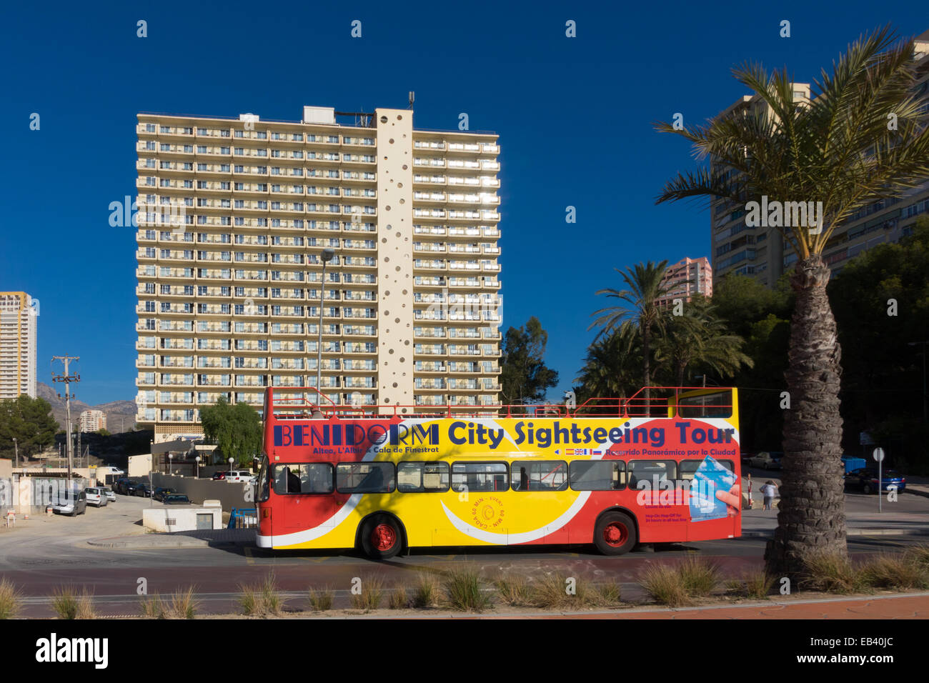 Benidorm, Costa Blanca, Spain, Europe. City sightseeing tour bus, open top deck Stock Photo