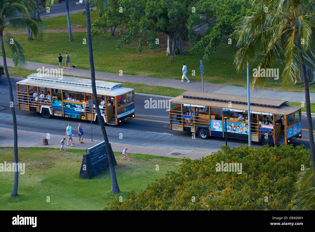 Waikiki Trolley Buses, Waikiki, Honolulu, Oahu, Hawaii, USA Stock Photo