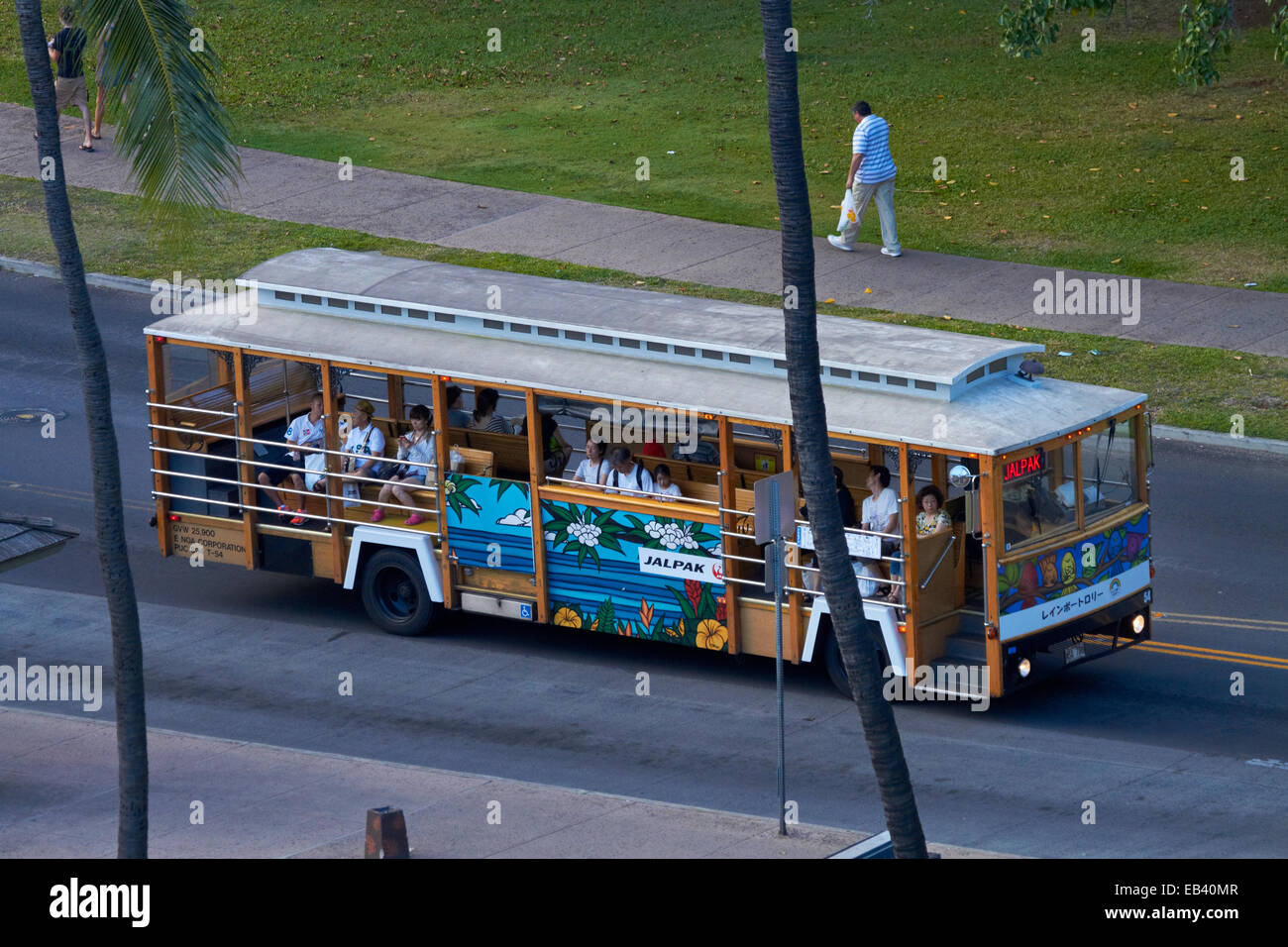 Waikiki Trolley Bus, Waikiki, Honolulu, Oahu, Hawaii, USA Stock Photo