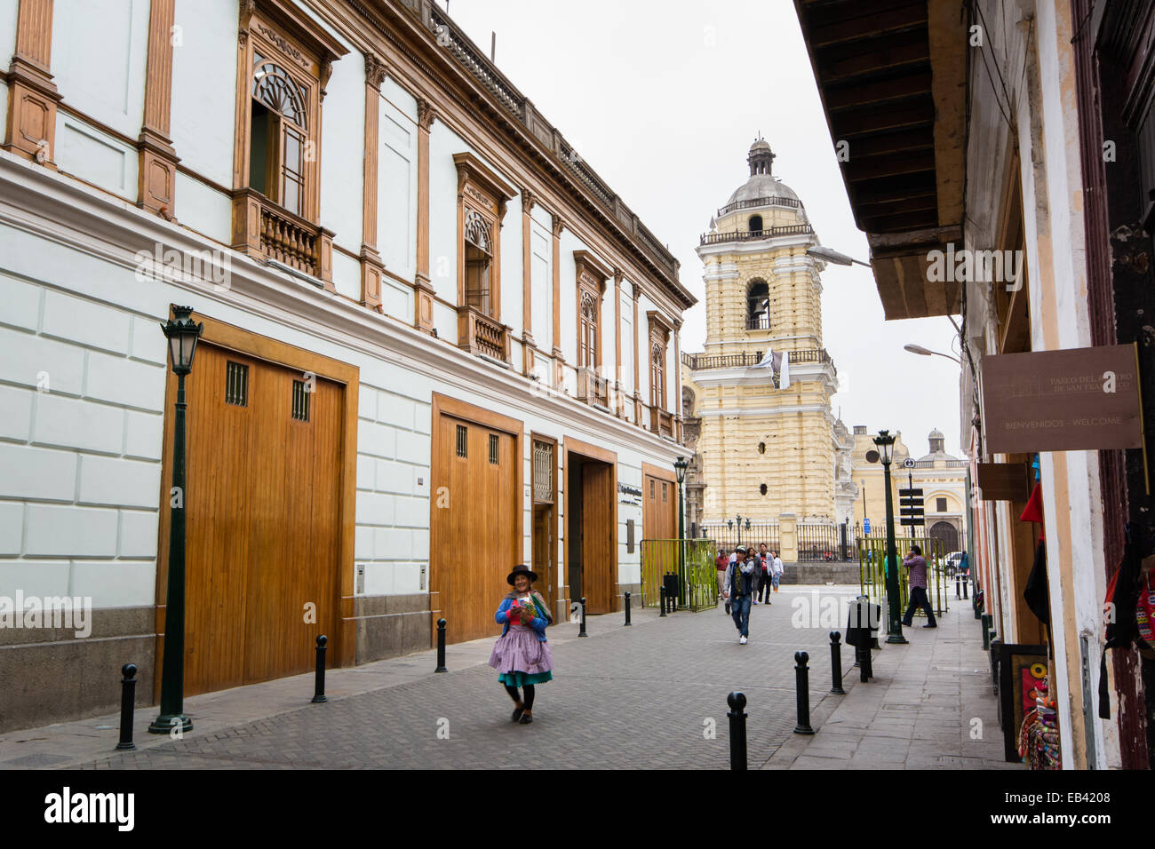 Street Scene in Historic Centre of Lima on Jiron Ancash looking towards Basilica San Francisco Stock Photo