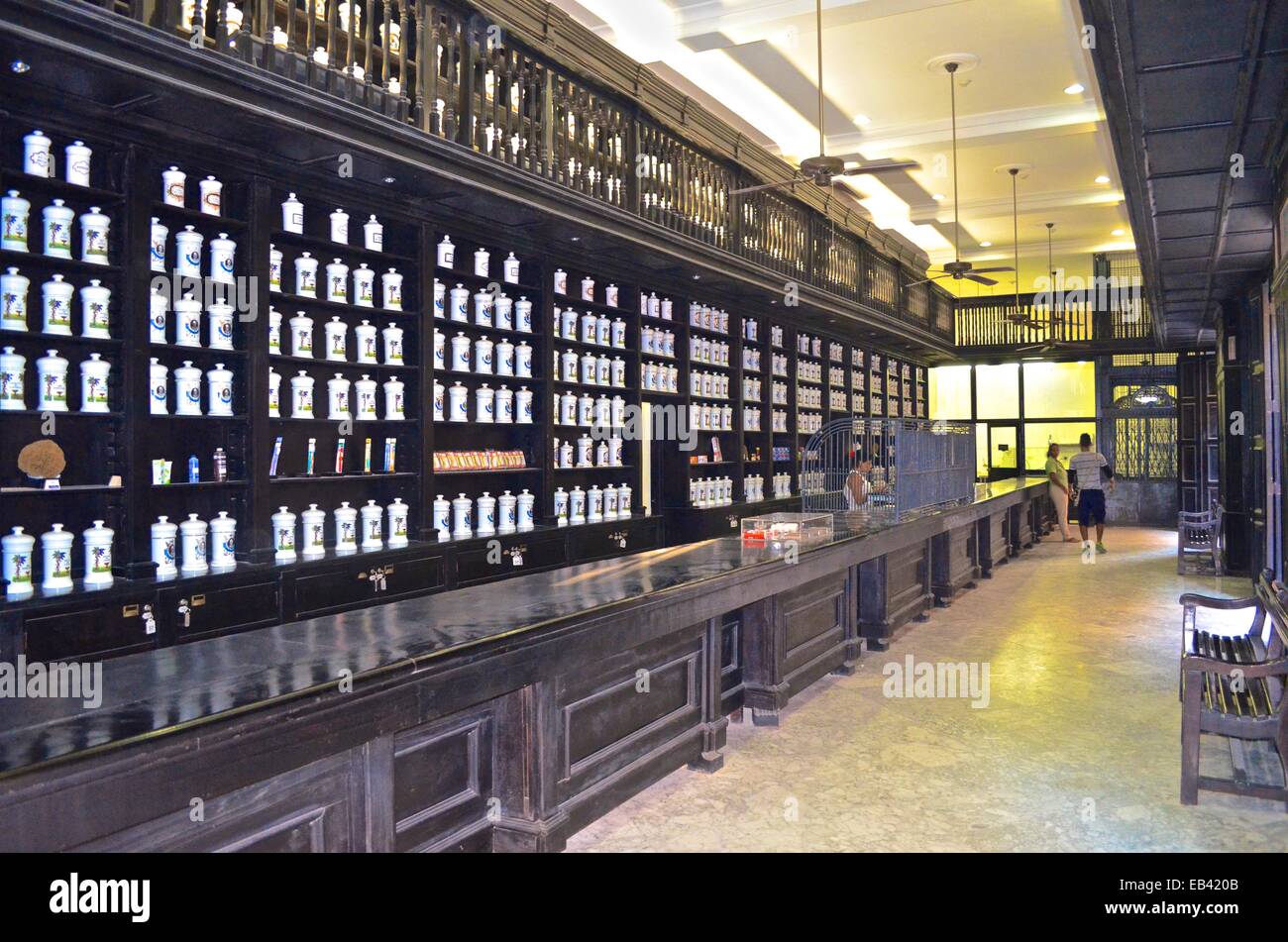 The shelves of a typical Cuban pharmacy on Calle Obispo in old Havana. Stock Photo