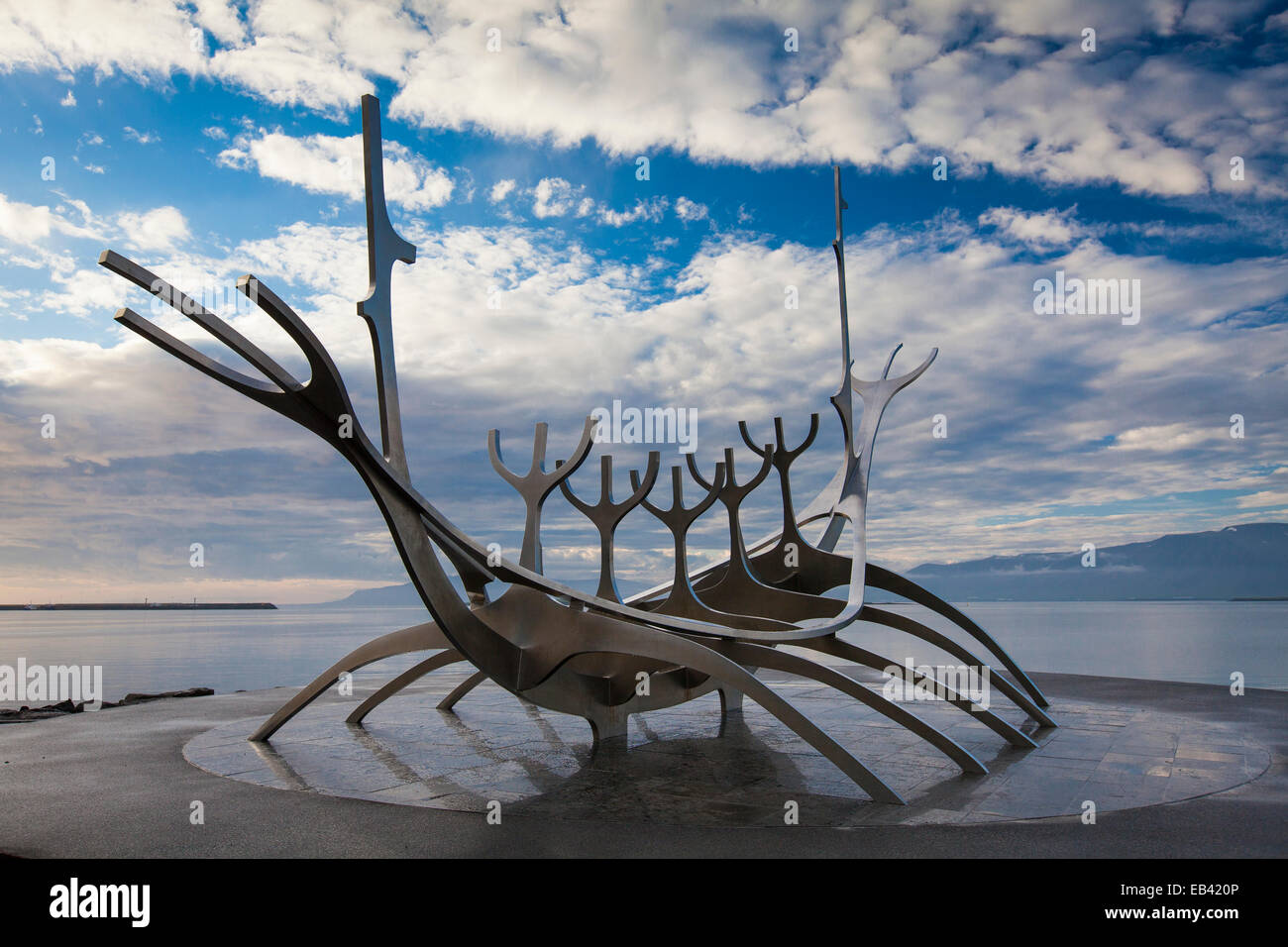 Sun Voyager sculpture by Jón Gunnar Árnason, located  on the Reykjavik waterfront, Iceland Stock Photo