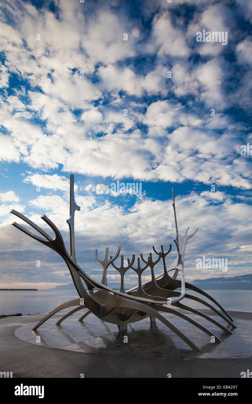Sun Voyager sculpture by Jón Gunnar Árnason, located  on the Reykjavik waterfront, Iceland Stock Photo