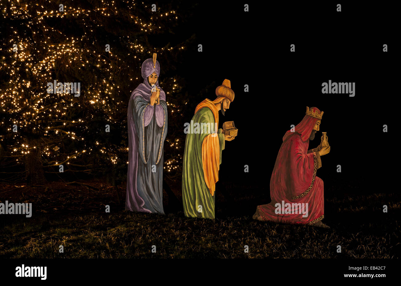 A Christian nativity garden night display of the three wise men and