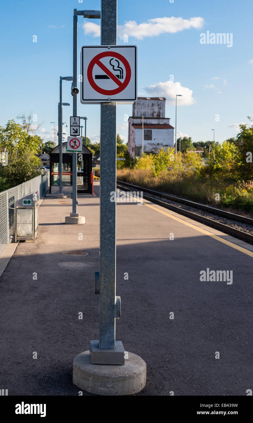 No smoking sign on the train platform in Stouffville Ontario Canada. Stock Photo