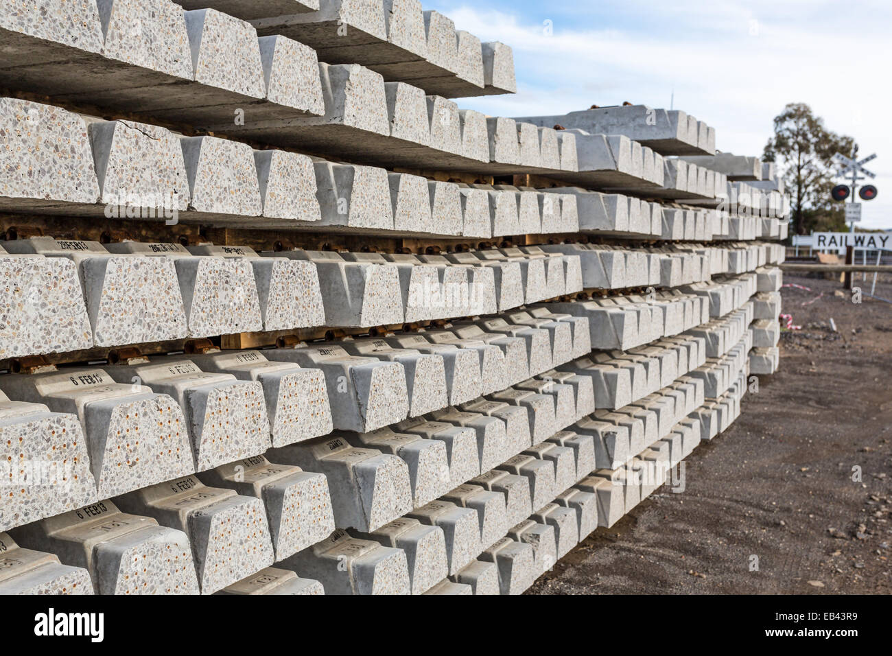 Concrete railway sleepers stacked awaiting railway line maintenance Stock Photo Alamy