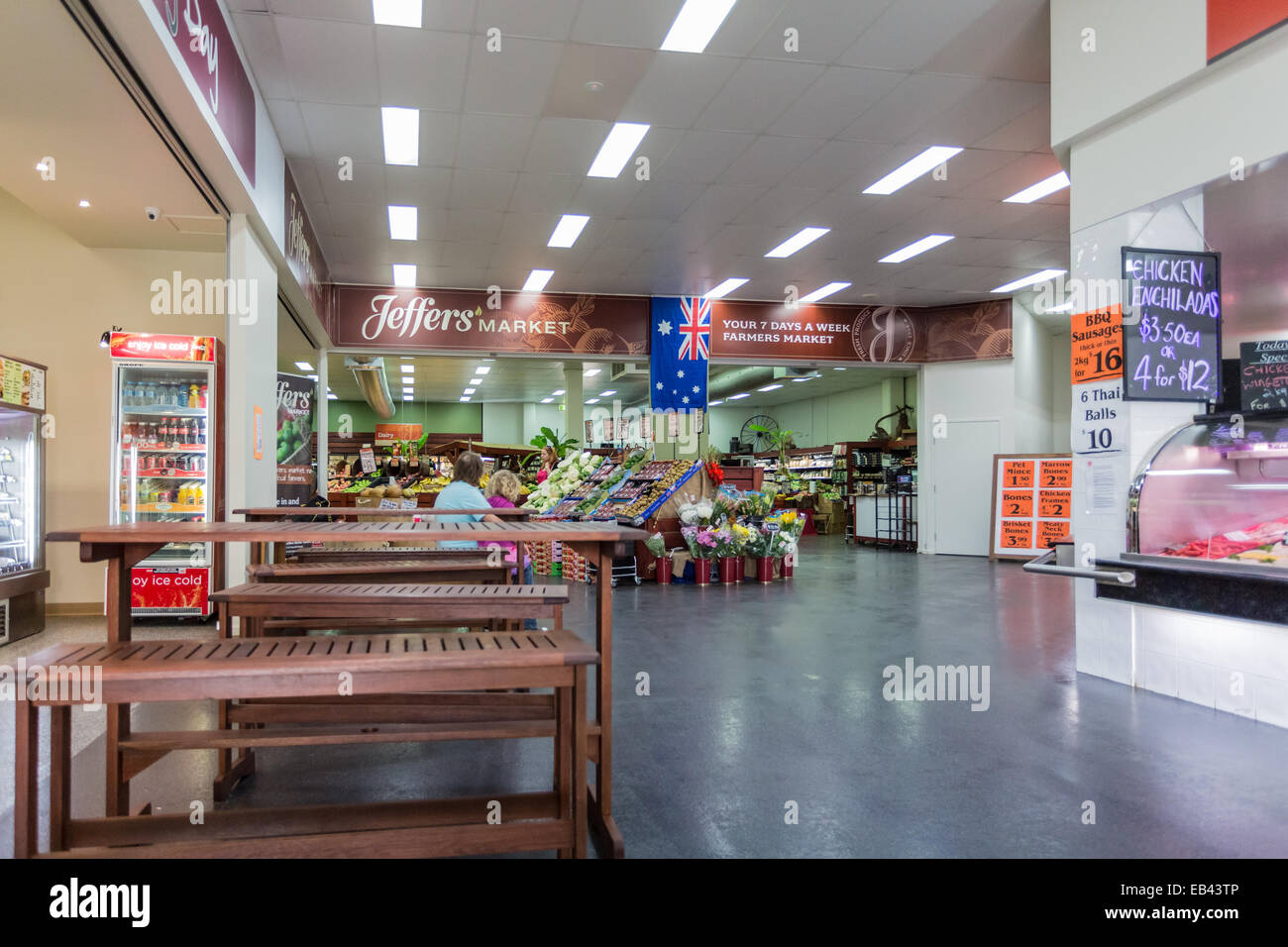 Seating benches in market Stock Photo