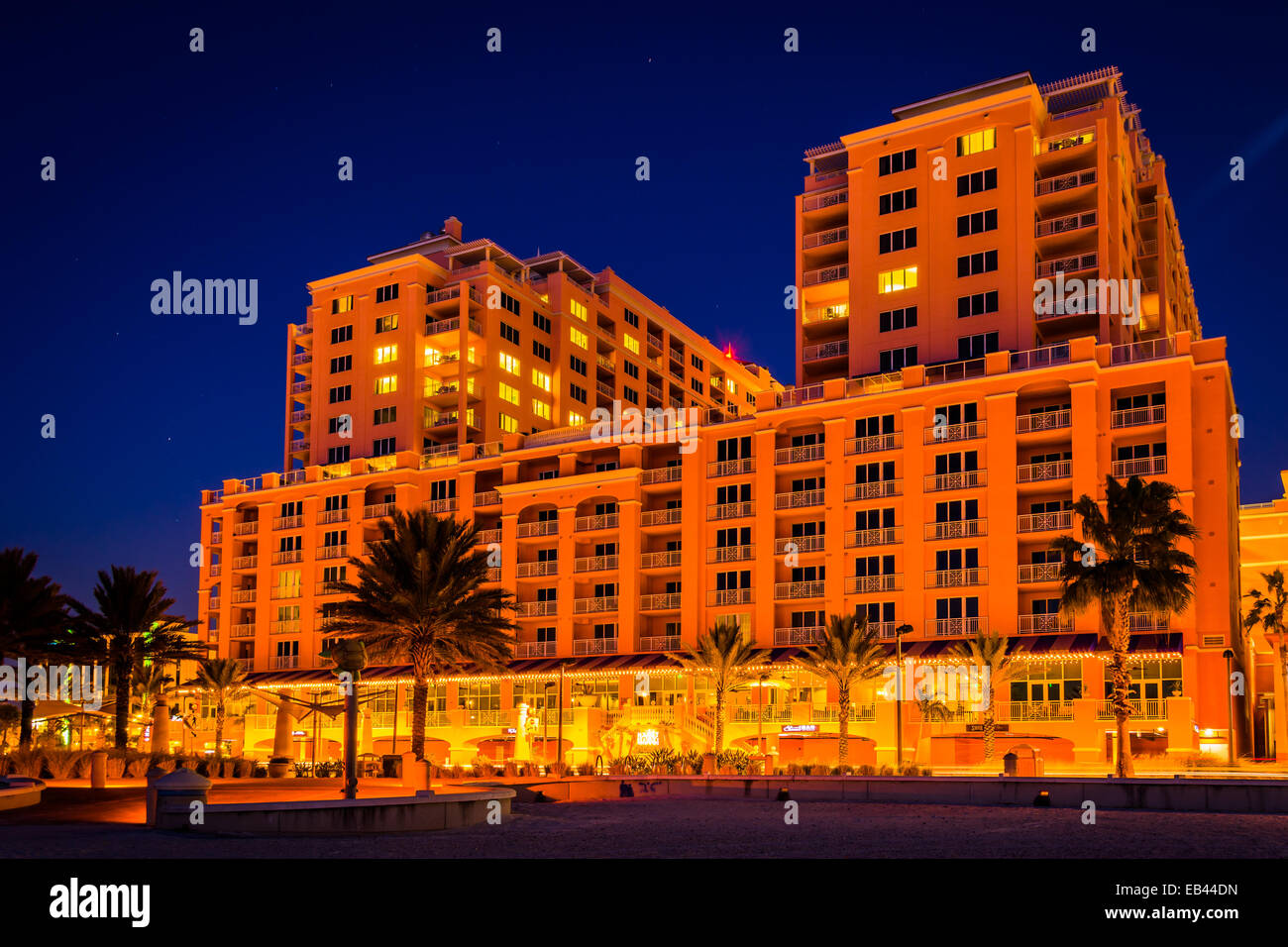 Large hotel at night in Clearwater Beach, Florida. Stock Photo