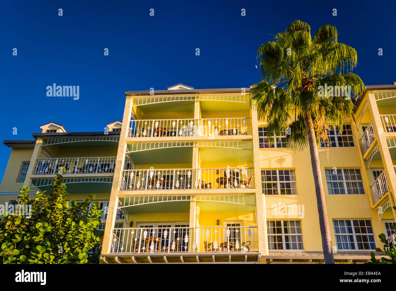 Palm tree and hotel in Key West, Florida. Stock Photo
