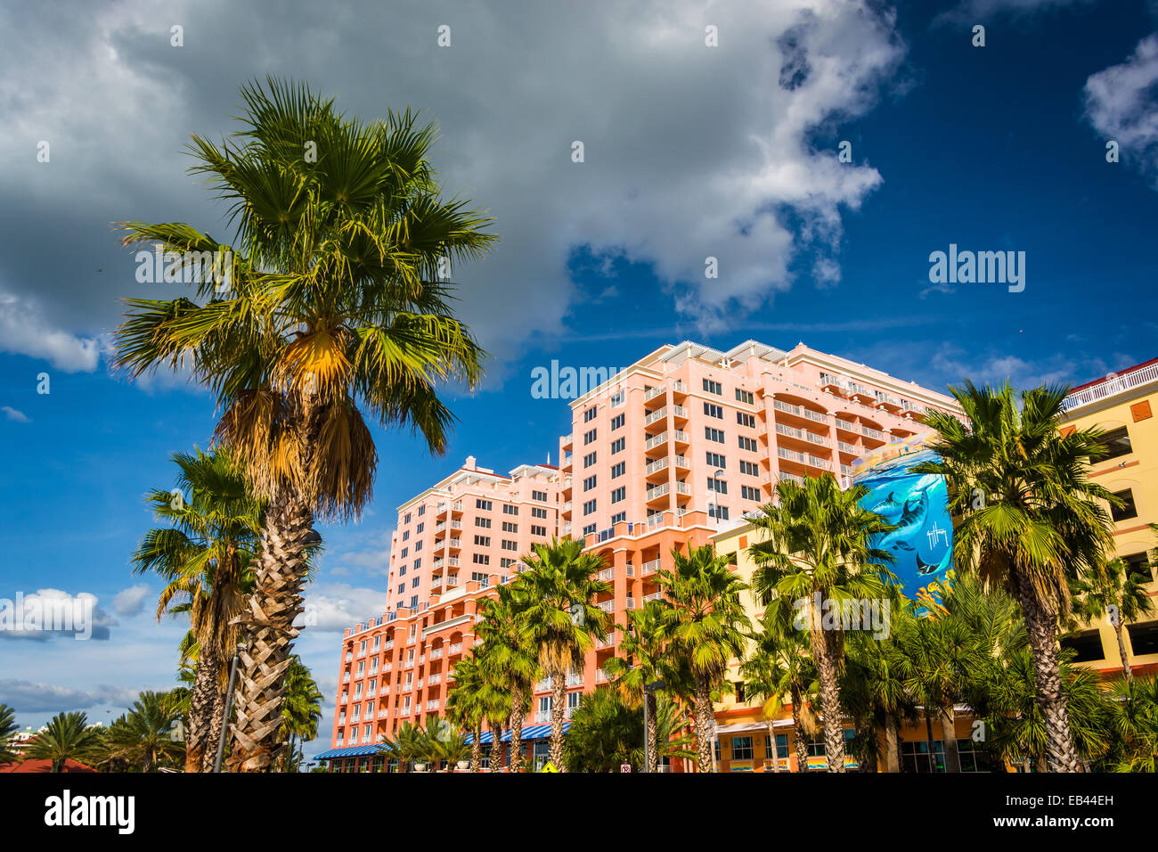 Palm trees and large hotel in Clearwater Beach, Florida. Stock Photo